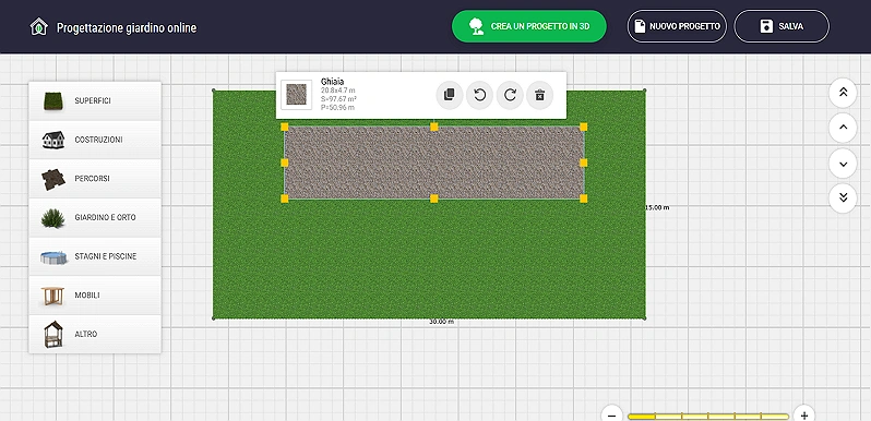 Visualizza i parametri delle superfici nel software di progettazione giardino